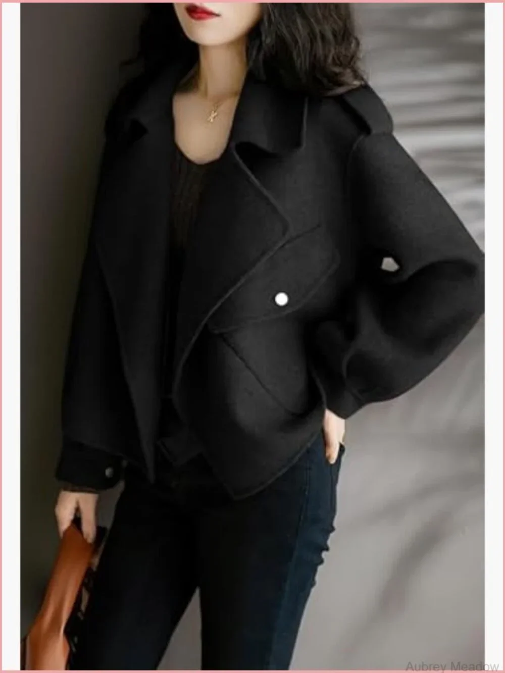 Cropped Wool Coat Open Front Blazer Jacket Short Trench Notch Lapel Loose